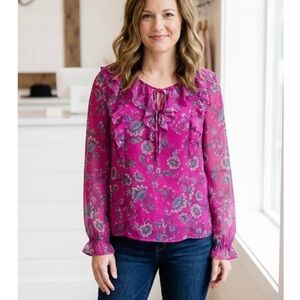 New LOFT Fuchsia Floral Ruffle Blouse